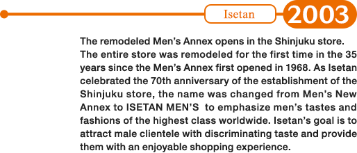2003: The remodeled Men’s Annex opens in the Shinjuku store. The entire store was remodeled for the first time in the 35 years since the Men’s Annex first opened in 1968. As Isetan celebrated the 70th anniversary of the establishment of the Shinjuku store, the name was changed from Men’s New Annex to ISETAN MEN’S  to emphasize men’s tastes and fashions of the highest class worldwide. Isetan’s goal is to attract male clientele with discriminating taste and provide them with an enjoyable shopping experience.